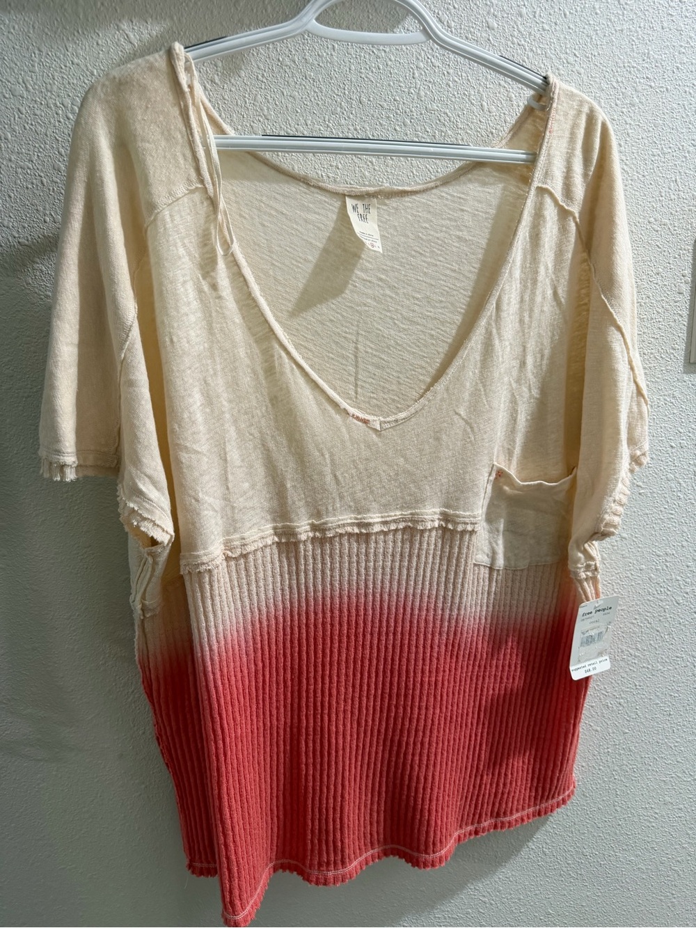 Free People We the Free Cream to Coral Ombre Ribbed V-Neck Top NWT